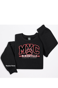 A black long-sleeve sweatshirt with a custom graphic on the front reading 'MVC McMinnville Youth Cheer' in red and white, featuring a paw print logo. The image shows two views of the sweatshirt on a plain white background, with one view displaying 'Name Here' text indicating a customizable print area.
