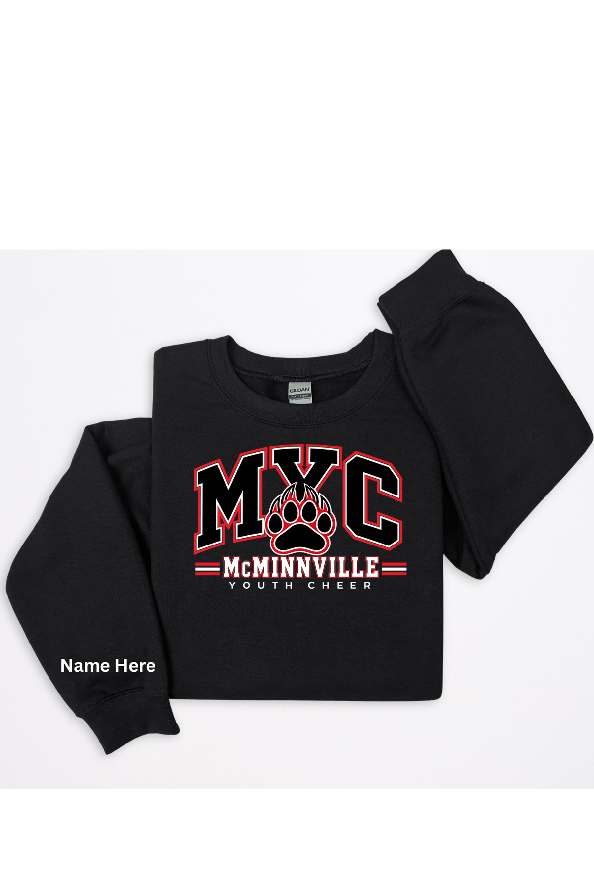 A black long-sleeve sweatshirt with a custom graphic on the front reading 'MVC McMinnville Youth Cheer' in red and white, featuring a paw print logo. The image shows two views of the sweatshirt on a plain white background, with one view displaying 'Name Here' text indicating a customizable print area.